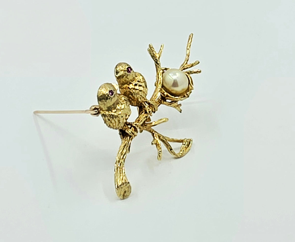 Vintage 18K Yellow Gold Two-Bird Brooch with Pearl & Rubies