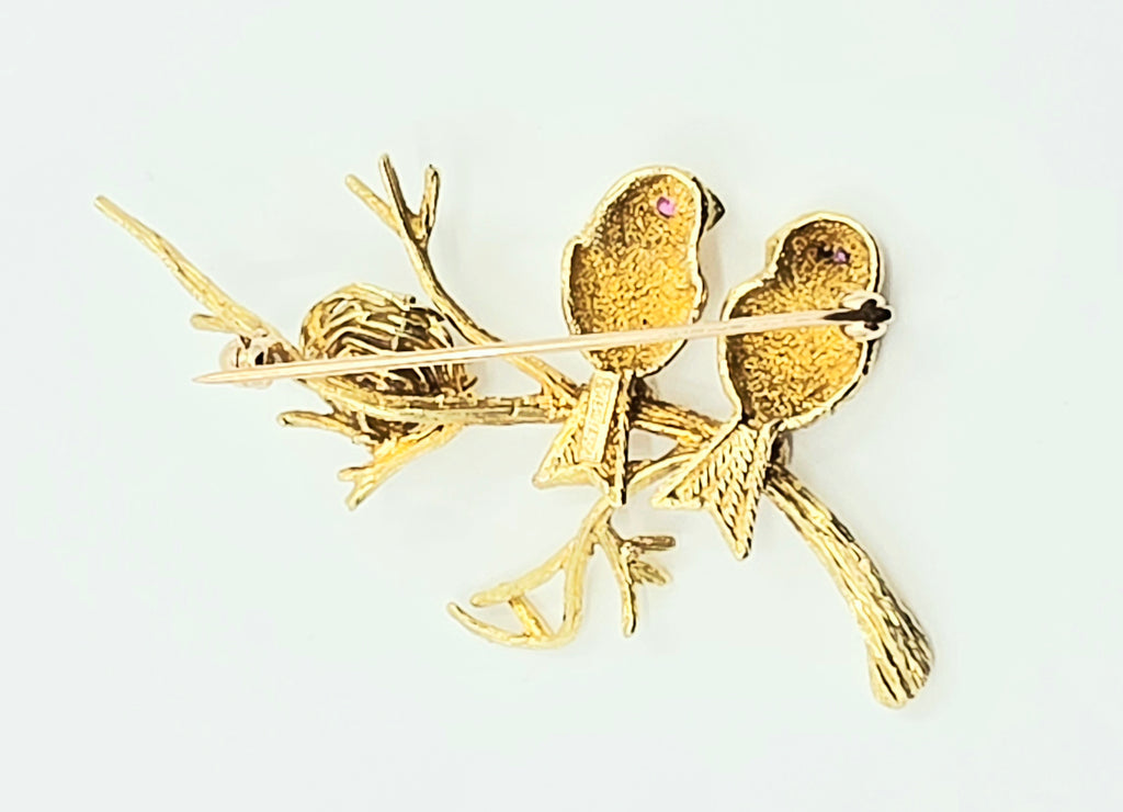 Vintage 18K Yellow Gold Two-Bird Brooch with Pearl & Rubies