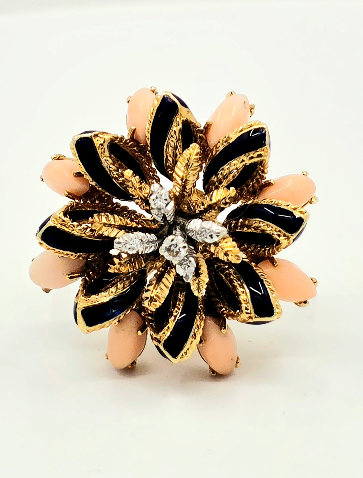Vintage 18K Yellow Gold Natural Diamond, Pink Coral & Blue Enamel Floral Statement Ring