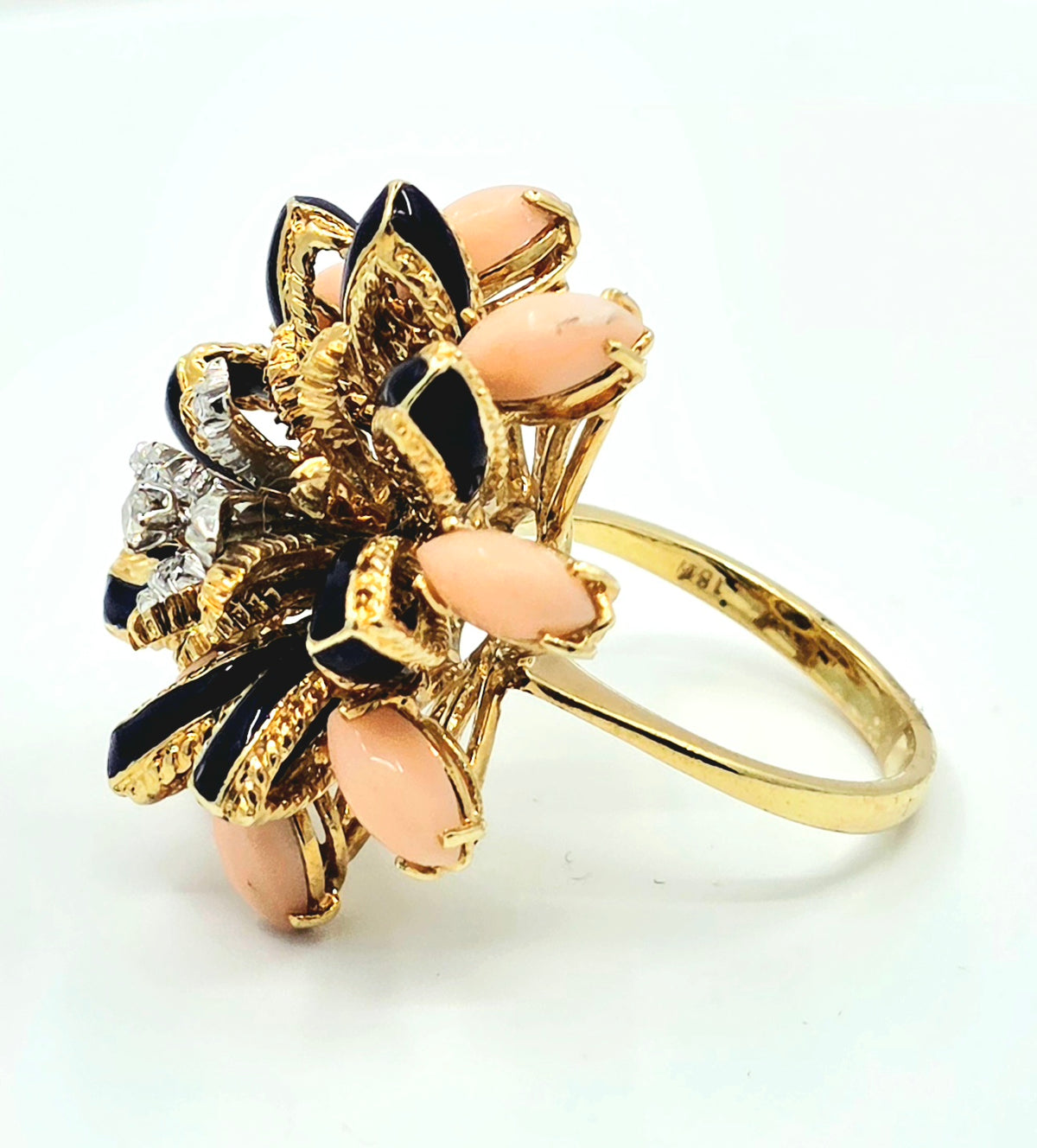Vintage 18K Yellow Gold Natural Diamond, Pink Coral & Blue Enamel Floral Statement Ring