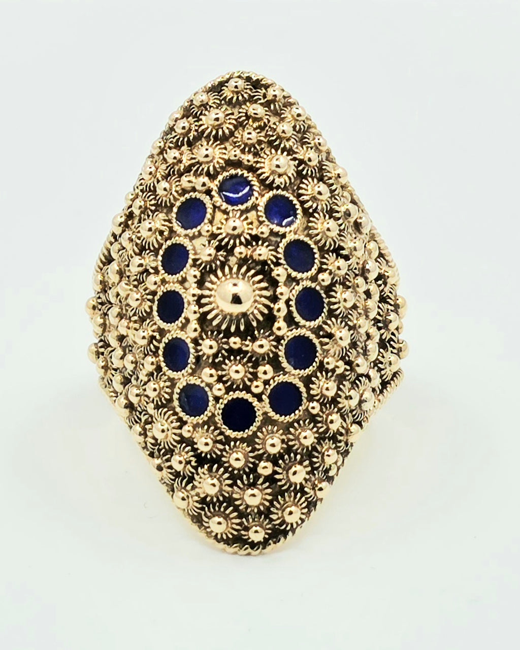 Vintage 18K Yellow Gold & Blue Enamel Statement Ring