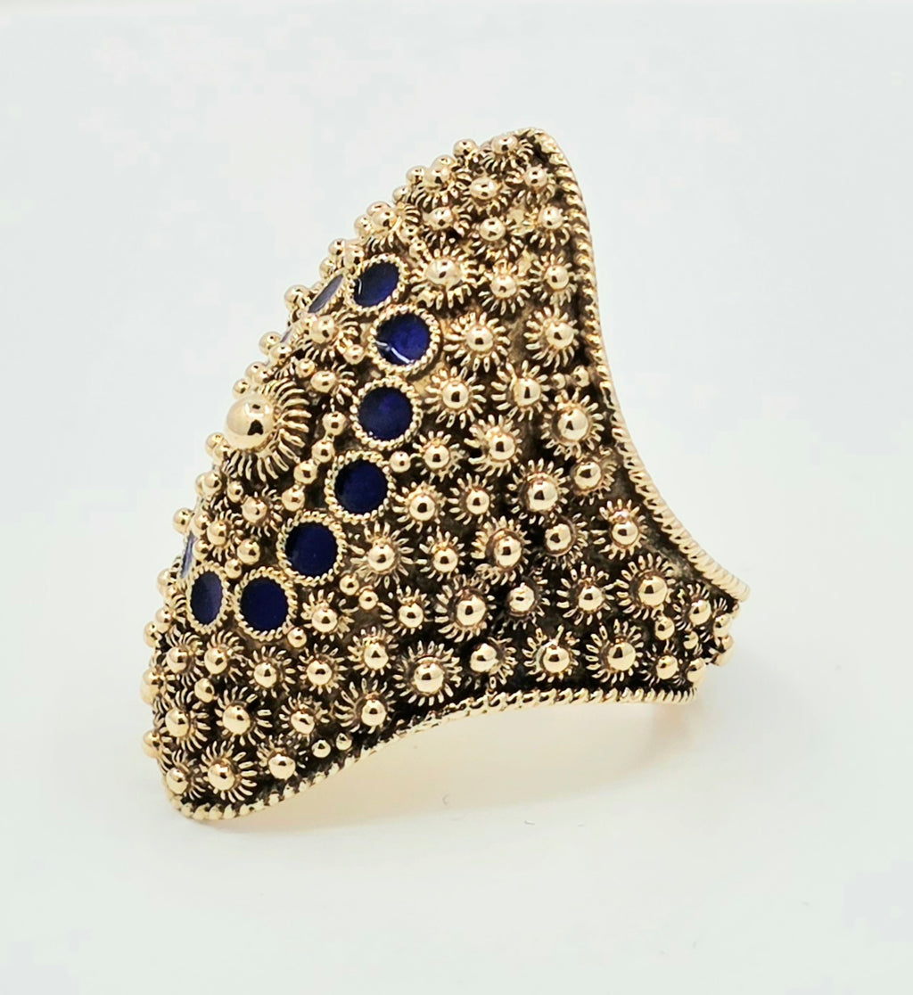 Vintage 18K Yellow Gold & Blue Enamel Statement Ring