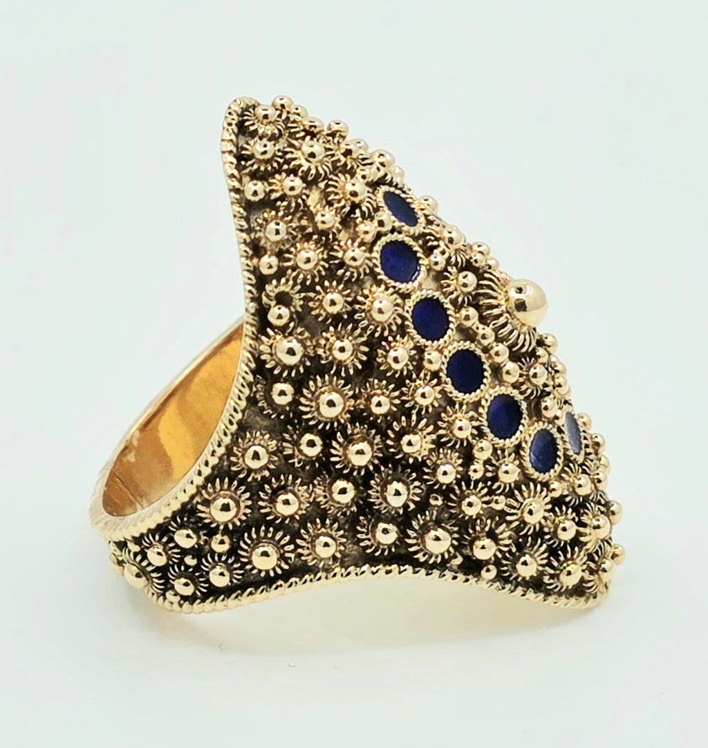 Vintage 18K Yellow Gold & Blue Enamel Statement Ring