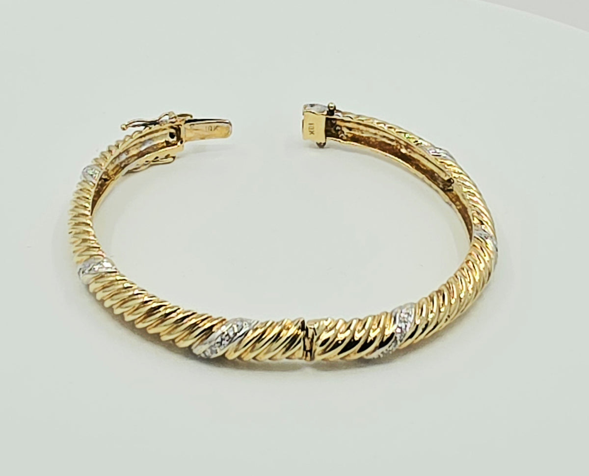 18K Yellow Gold & Natural Diamond Twisted Rope Bangle Bracelet