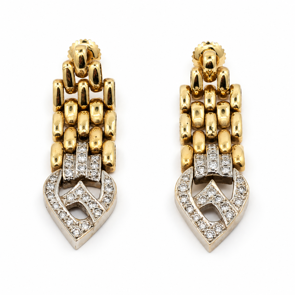 Front view of articulated gold earrings with diamond-set drops