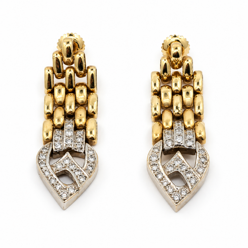 Front view of articulated gold earrings with diamond-set drops