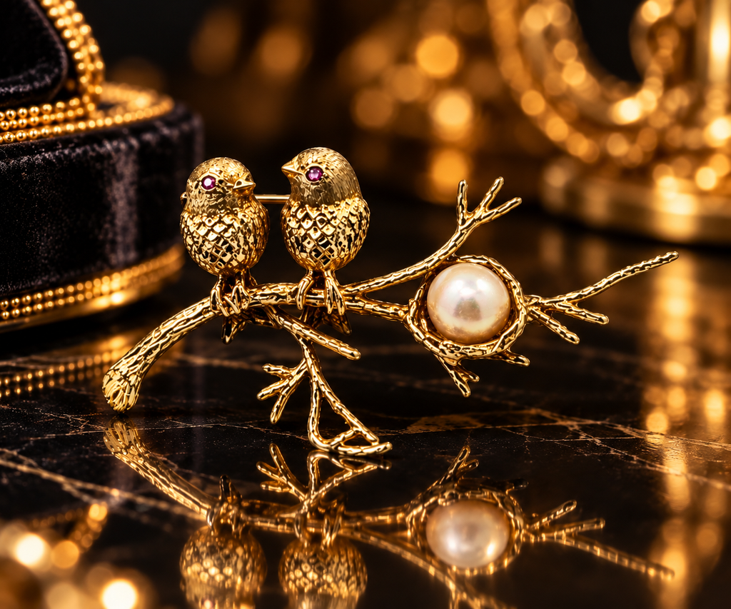 Vintage 18K Yellow Gold Two-Bird Brooch with Pearl & Rubies
