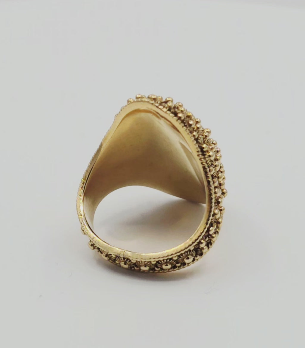 Vintage 18K Yellow Gold & Blue Enamel Statement Ring