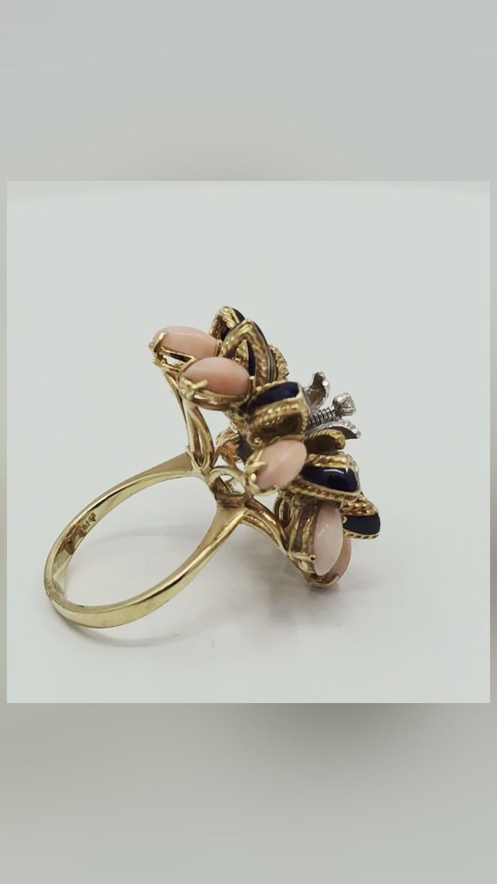 Vintage 18K Yellow Gold Natural Diamond, Pink Coral & Blue Enamel Floral Statement Ring