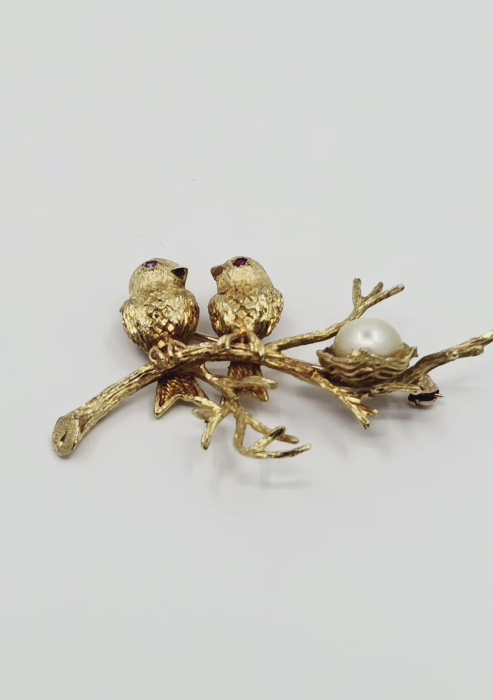 Vintage 18K Yellow Gold Two-Bird Brooch with Pearl & Rubies