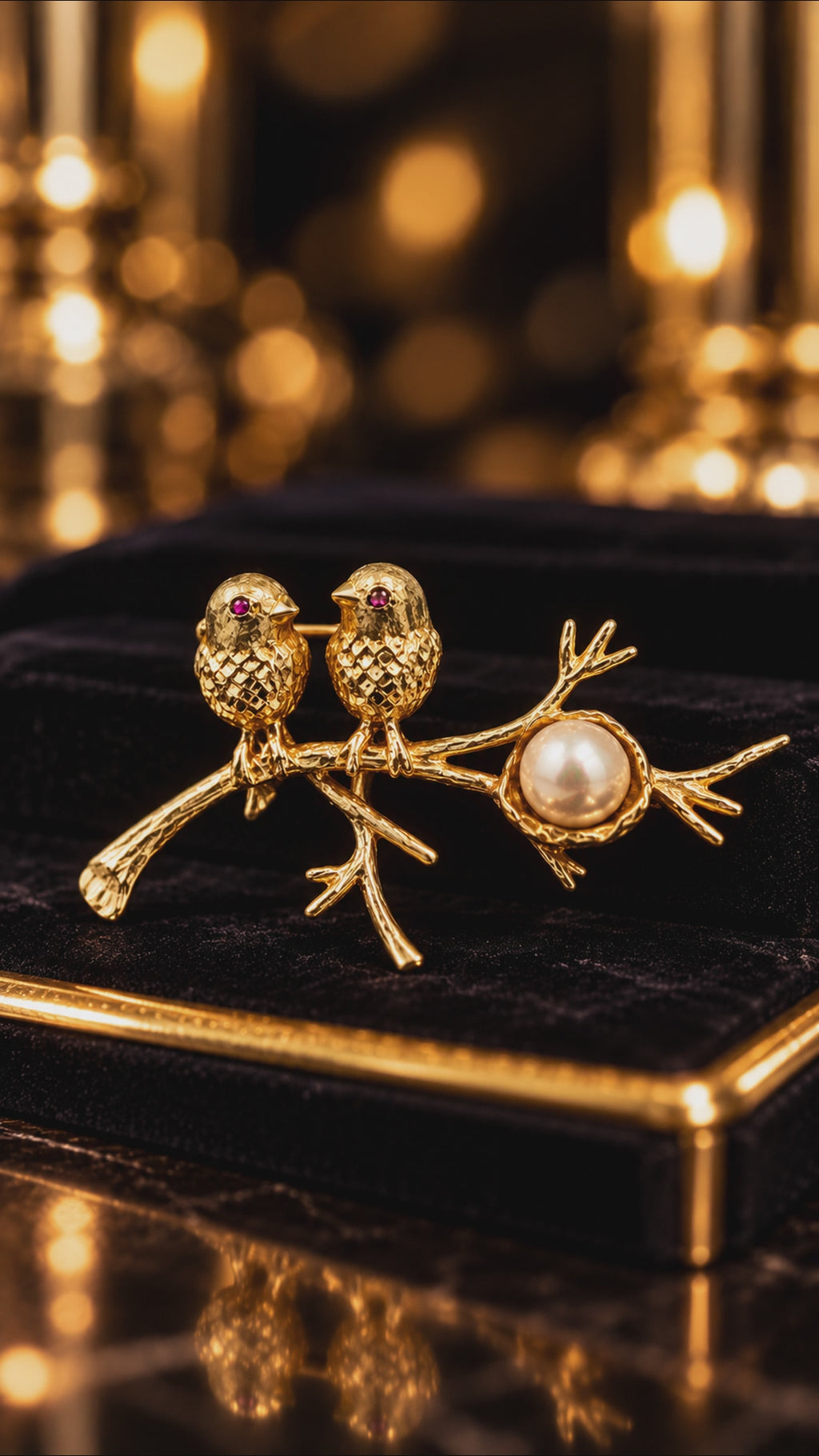 Vintage 18K Yellow Gold Two-Bird Brooch with Pearl & Rubies